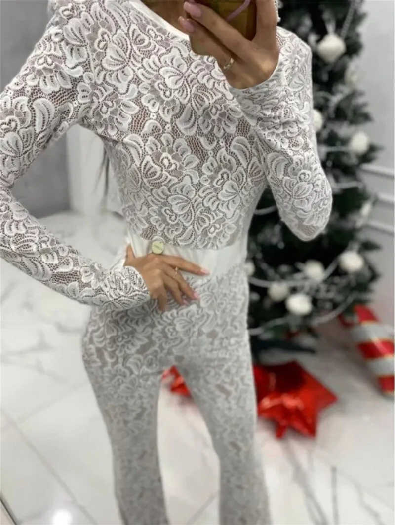 Mozision Lace Print Long Sleeve Jumpsuits Women Overalls Fashion Autumn Winter New Two Layer O Neck Slim Fit Sexy Jumpsuits