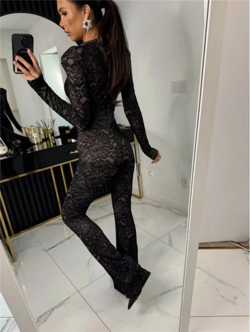 Mozision Lace Print Long Sleeve Jumpsuits Women Overalls Fashion Autumn Winter New Two Layer O Neck Slim Fit Sexy Jumpsuits