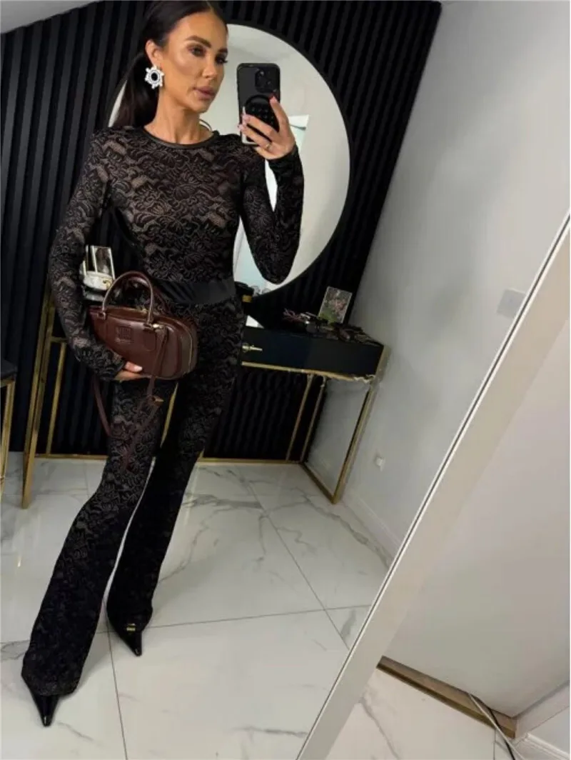 Mozision Lace Print Long Sleeve Jumpsuits Women Overalls Fashion Autumn Winter New Two Layer O Neck Slim Fit Sexy Jumpsuits