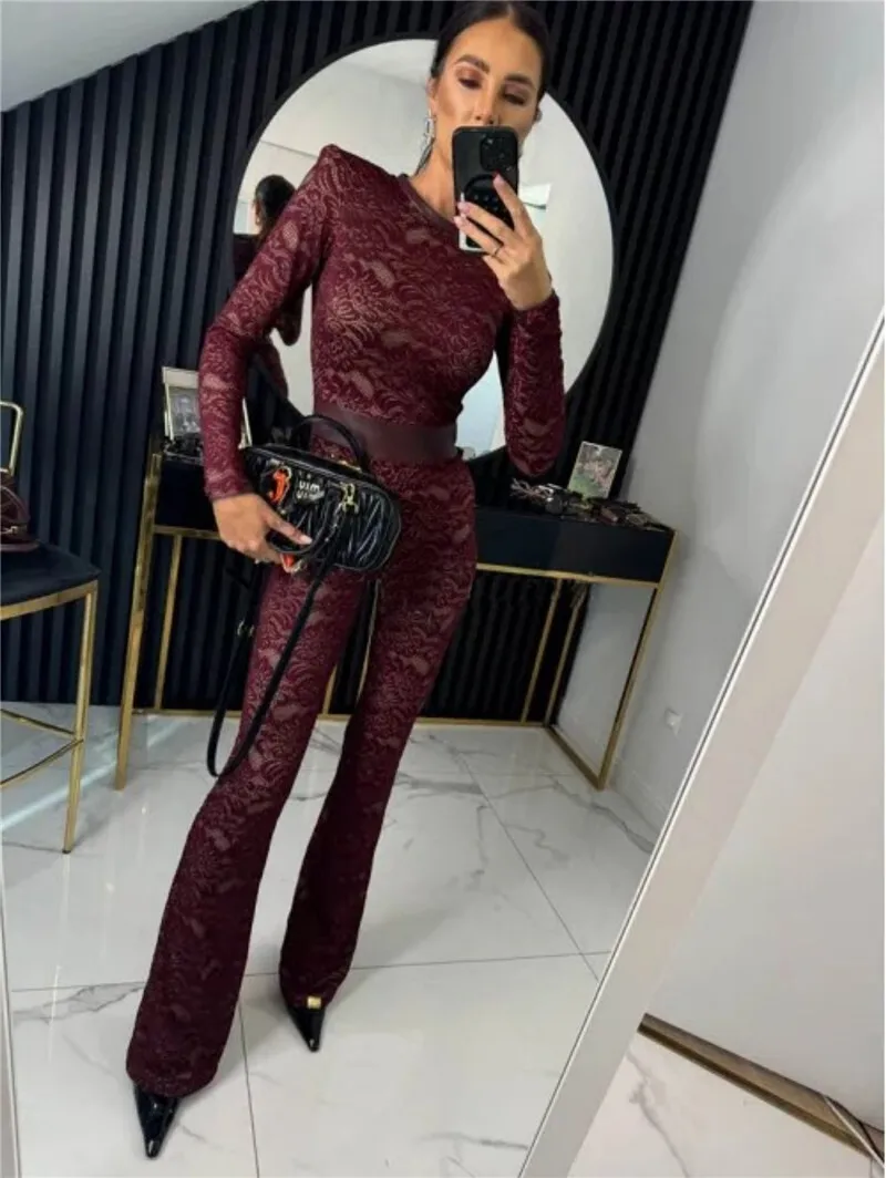 Mozision Lace Print Long Sleeve Jumpsuits Women Overalls Fashion Autumn Winter New Two Layer O Neck Slim Fit Sexy Jumpsuits