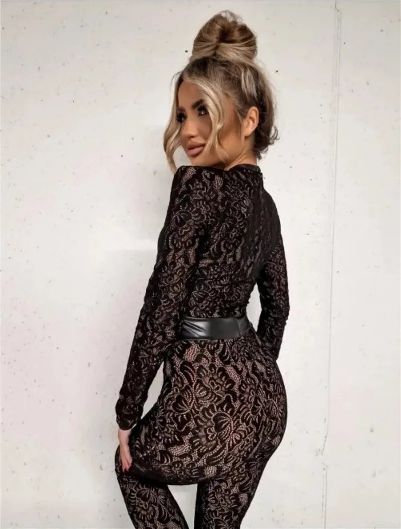 Mozision Lace Print Long Sleeve Jumpsuits Women Overalls Fashion Autumn Winter New Two Layer O Neck Slim Fit Sexy Jumpsuits