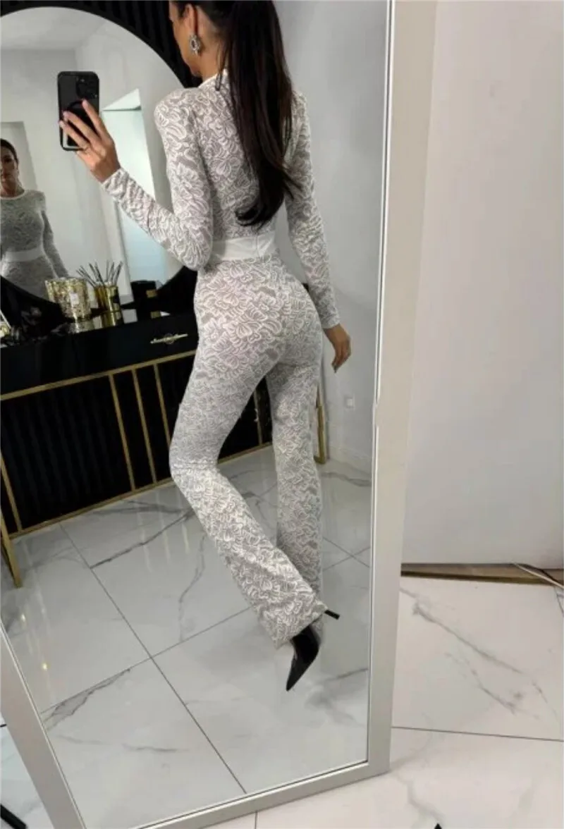 Mozision Lace Print Long Sleeve Jumpsuits Women Overalls Fashion Autumn Winter New Two Layer O Neck Slim Fit Sexy Jumpsuits