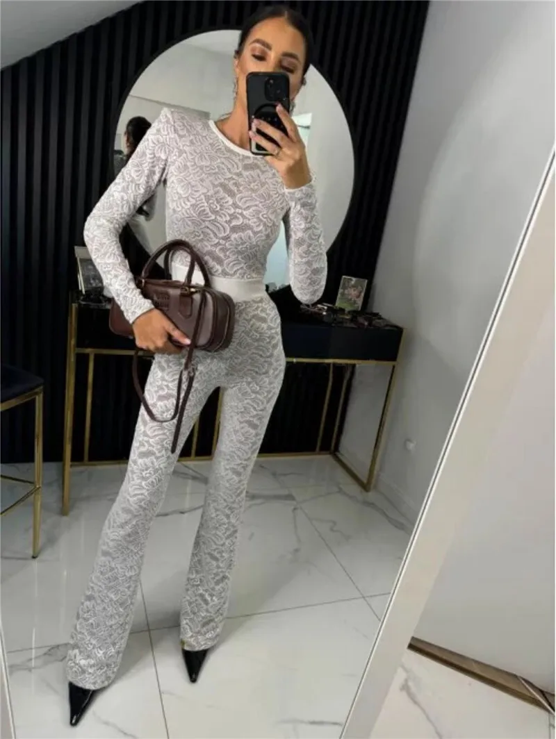 Mozision Lace Print Long Sleeve Jumpsuits Women Overalls Fashion Autumn Winter New Two Layer O Neck Slim Fit Sexy Jumpsuits