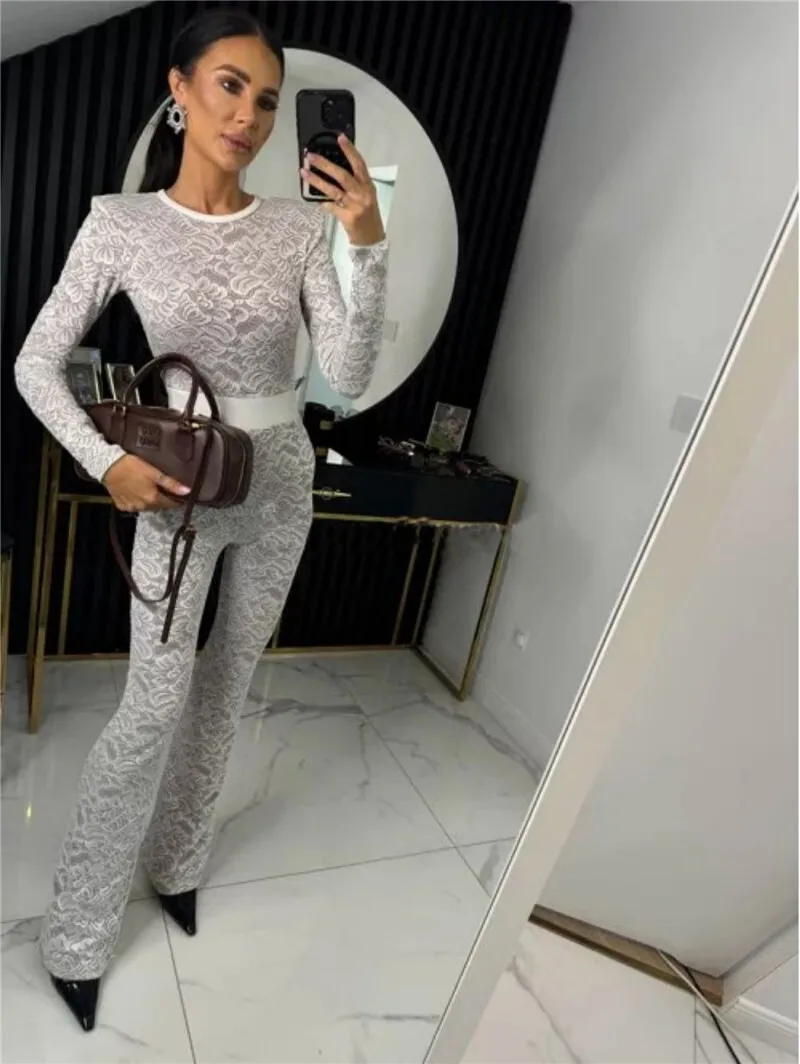 Mozision Lace Print Long Sleeve Jumpsuits Women Overalls Fashion Autumn Winter New Two Layer O Neck Slim Fit Sexy Jumpsuits