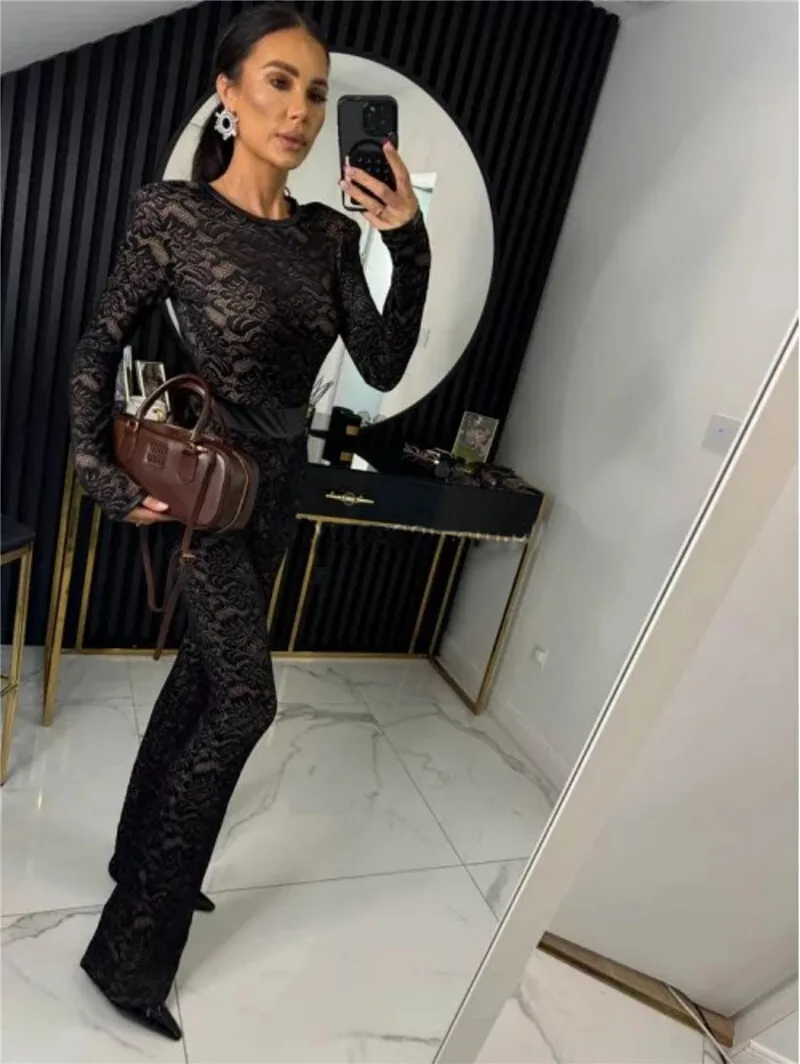 Mozision Lace Print Long Sleeve Jumpsuits Women Overalls Fashion Autumn Winter New Two Layer O Neck Slim Fit Sexy Jumpsuits