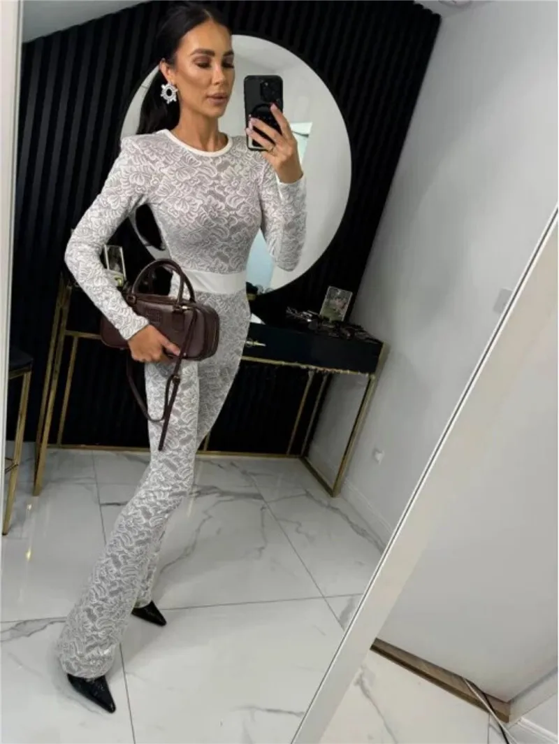 Mozision Lace Print Long Sleeve Jumpsuits Women Overalls Fashion Autumn Winter New Two Layer O Neck Slim Fit Sexy Jumpsuits