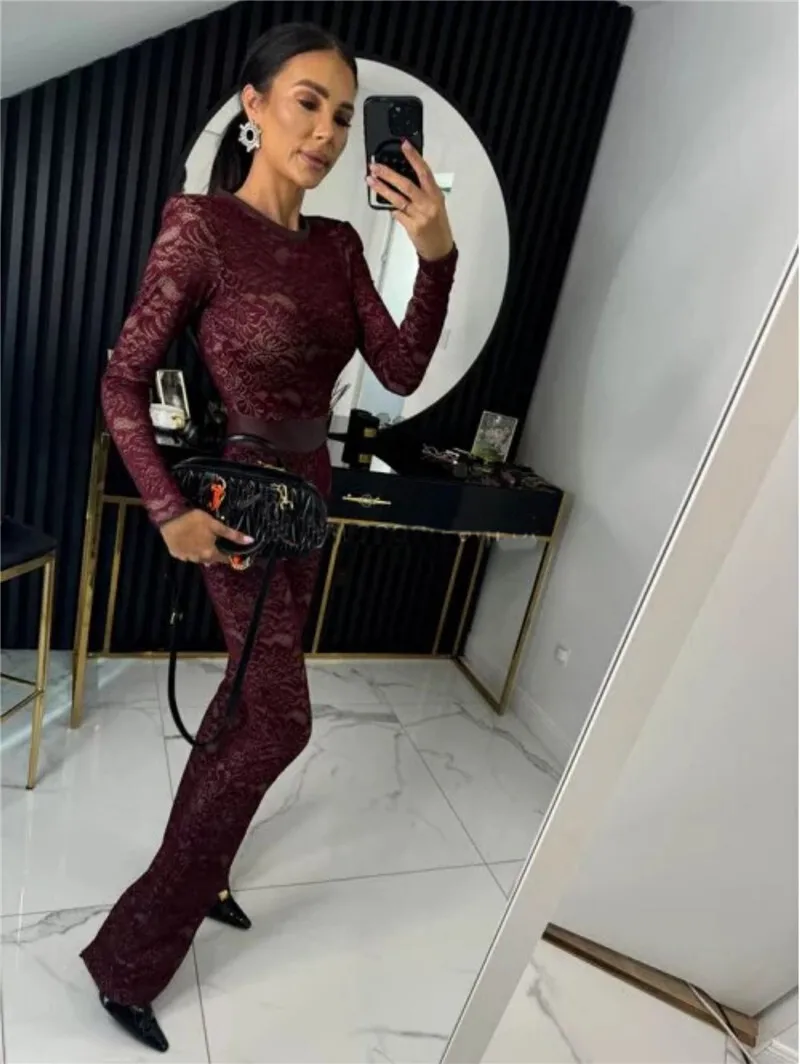 Mozision Lace Print Long Sleeve Jumpsuits Women Overalls Fashion Autumn Winter New Two Layer O Neck Slim Fit Sexy Jumpsuits