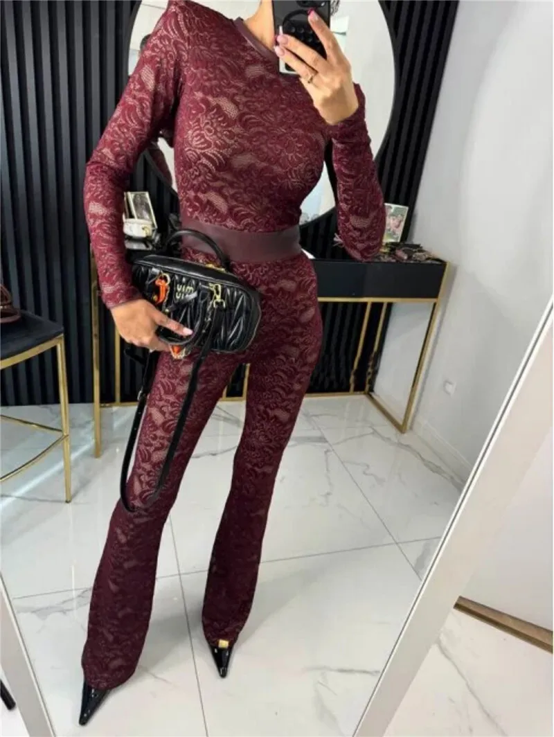 Mozision Lace Print Long Sleeve Jumpsuits Women Overalls Fashion Autumn Winter New Two Layer O Neck Slim Fit Sexy Jumpsuits
