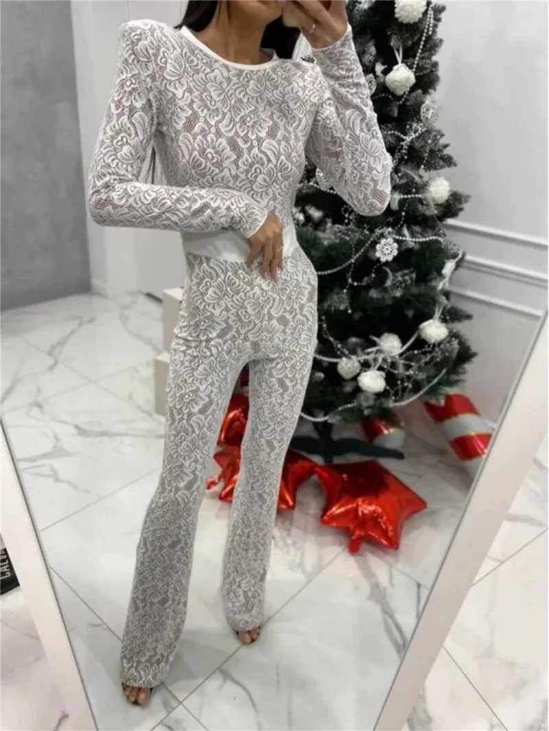 Mozision Lace Print Long Sleeve Jumpsuits Women Overalls Fashion Autumn Winter New Two Layer O Neck Slim Fit Sexy Jumpsuits