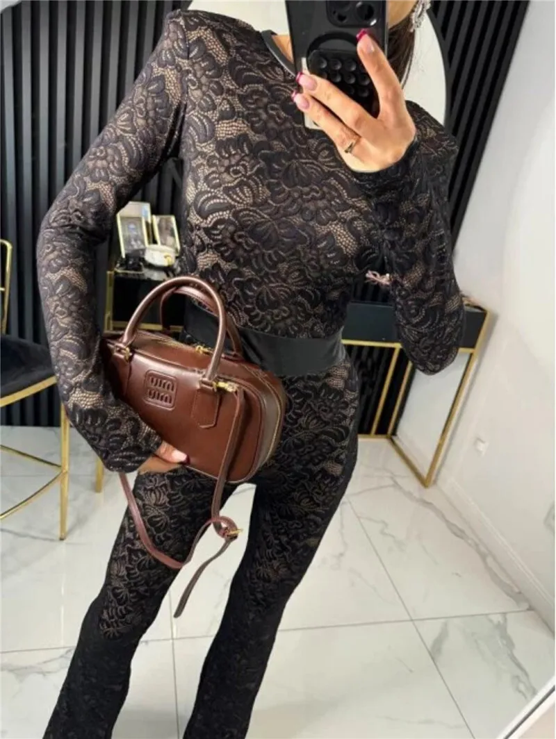 Mozision Lace Print Long Sleeve Jumpsuits Women Overalls Fashion Autumn Winter New Two Layer O Neck Slim Fit Sexy Jumpsuits