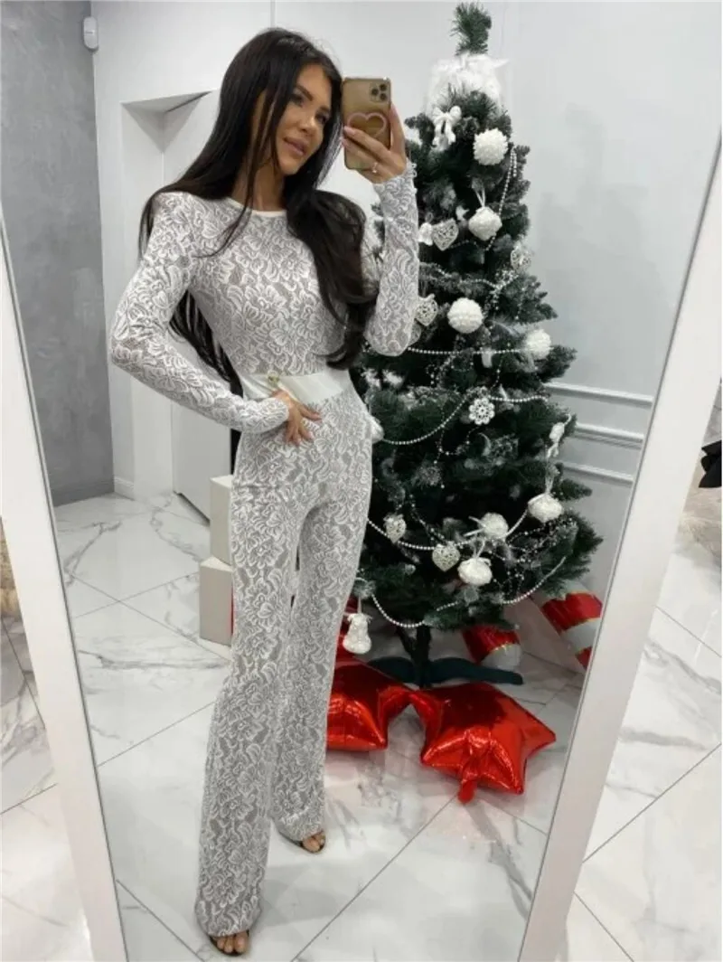 Mozision Lace Print Long Sleeve Jumpsuits Women Overalls Fashion Autumn Winter New Two Layer O Neck Slim Fit Sexy Jumpsuits