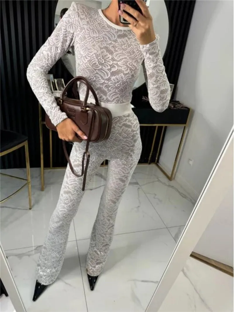 Mozision Lace Print Long Sleeve Jumpsuits Women Overalls Fashion Autumn Winter New Two Layer O Neck Slim Fit Sexy Jumpsuits