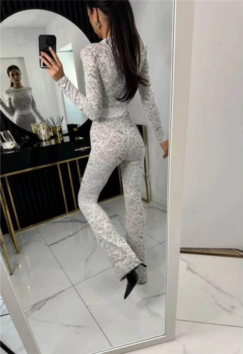 Mozision Lace Print Long Sleeve Jumpsuits Women Overalls Fashion Autumn Winter New Two Layer O Neck Slim Fit Sexy Jumpsuits