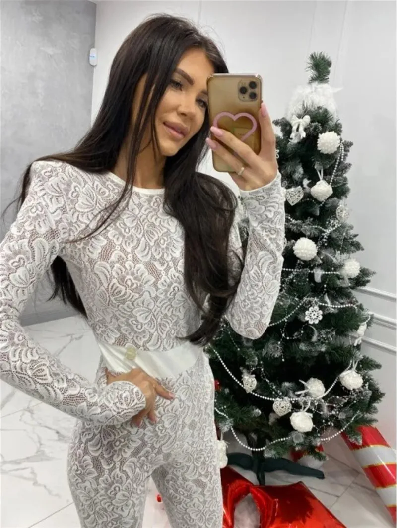 Mozision Lace Print Long Sleeve Jumpsuits Women Overalls Fashion Autumn Winter New Two Layer O Neck Slim Fit Sexy Jumpsuits