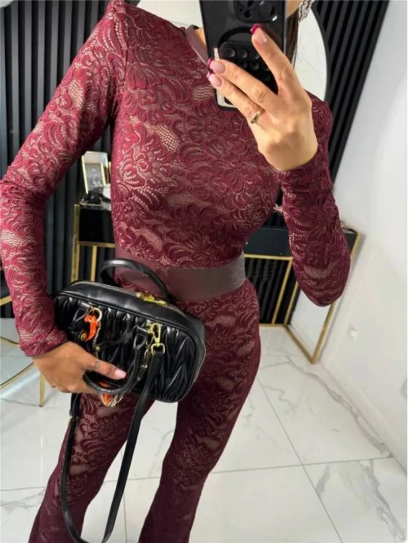 Mozision Lace Print Long Sleeve Jumpsuits Women Overalls Fashion Autumn Winter New Two Layer O Neck Slim Fit Sexy Jumpsuits