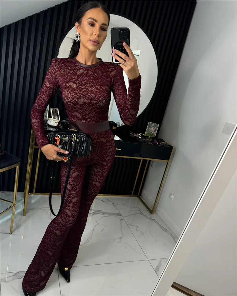Mozision Lace Print Long Sleeve Jumpsuits Women Overalls Fashion Autumn Winter New Two Layer O Neck Slim Fit Sexy Jumpsuits