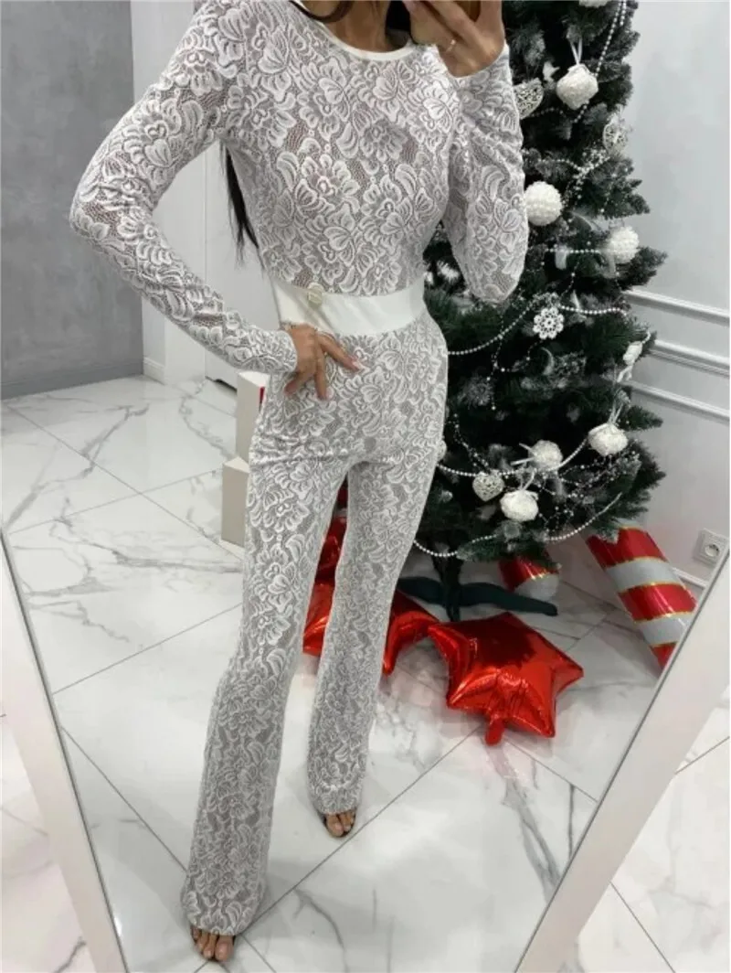 Mozision Lace Print Long Sleeve Jumpsuits Women Overalls Fashion Autumn Winter New Two Layer O Neck Slim Fit Sexy Jumpsuits