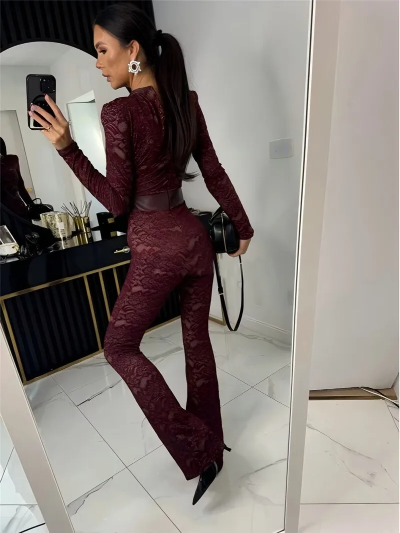 Mozision Lace Print Long Sleeve Jumpsuits Women Overalls Fashion Autumn Winter New Two Layer O Neck Slim Fit Sexy Jumpsuits