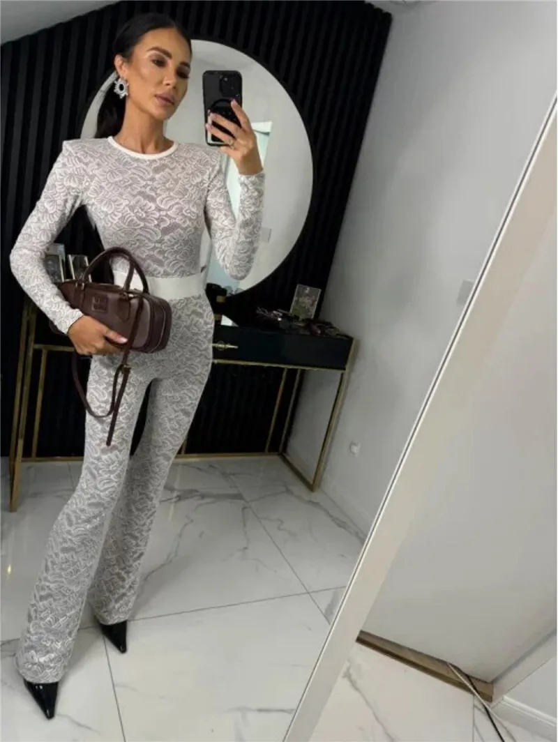 Mozision Lace Print Long Sleeve Jumpsuits Women Overalls Fashion Autumn Winter New Two Layer O Neck Slim Fit Sexy Jumpsuits