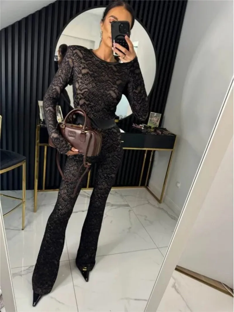 Mozision Lace Print Long Sleeve Jumpsuits Women Overalls Fashion Autumn Winter New Two Layer O Neck Slim Fit Sexy Jumpsuits