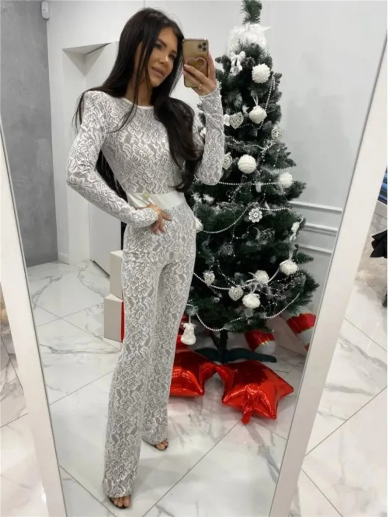 Mozision Lace Print Long Sleeve Jumpsuits Women Overalls Fashion Autumn Winter New Two Layer O Neck Slim Fit Sexy Jumpsuits