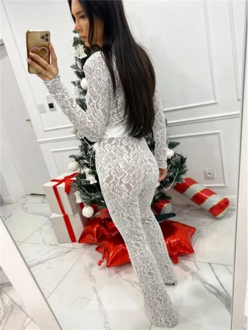 Mozision Lace Print Long Sleeve Jumpsuits Women Overalls Fashion Autumn Winter New Two Layer O Neck Slim Fit Sexy Jumpsuits