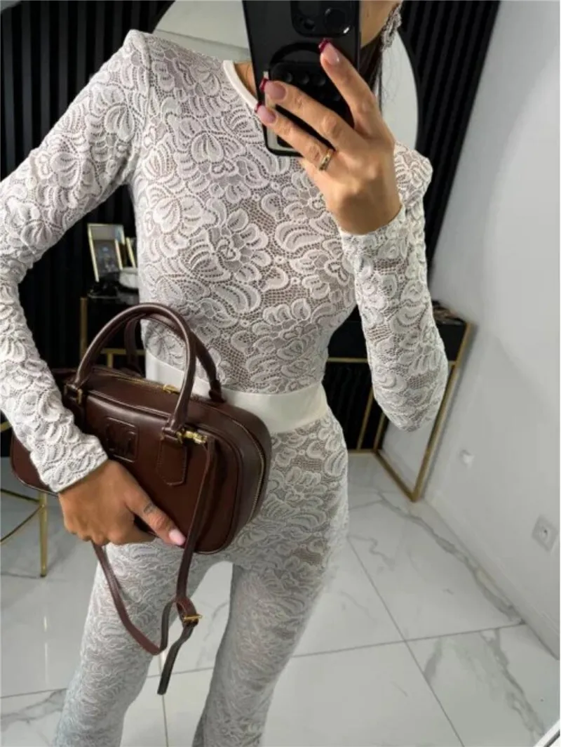 Mozision Lace Print Long Sleeve Jumpsuits Women Overalls Fashion Autumn Winter New Two Layer O Neck Slim Fit Sexy Jumpsuits