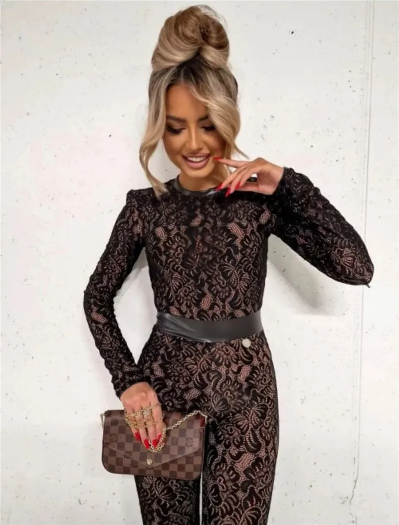 Mozision Lace Print Long Sleeve Jumpsuits Women Overalls Fashion Autumn Winter New Two Layer O Neck Slim Fit Sexy Jumpsuits