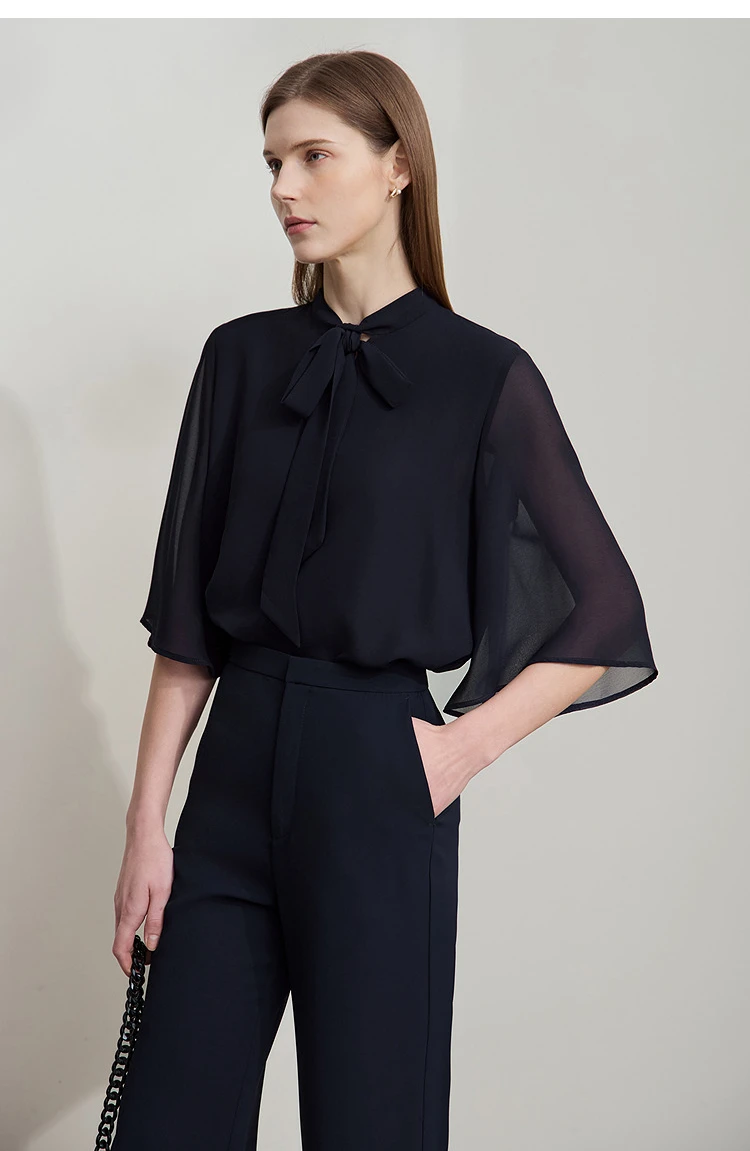 Amii Minimalism Stand-up Neck Chiffon Shirt for Women 2026 Summer Solid Straps Horn Sleeves Loose Elegant Commute Top 12522087