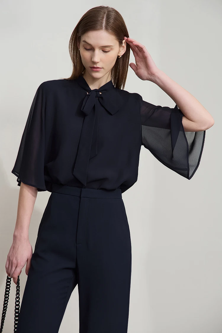 Amii Minimalism Stand-up Neck Chiffon Shirt for Women 2026 Summer Solid Straps Horn Sleeves Loose Elegant Commute Top 12522087