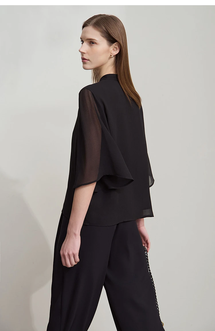 Amii Minimalism Stand-up Neck Chiffon Shirt for Women 2026 Summer Solid Straps Horn Sleeves Loose Elegant Commute Top 12522087