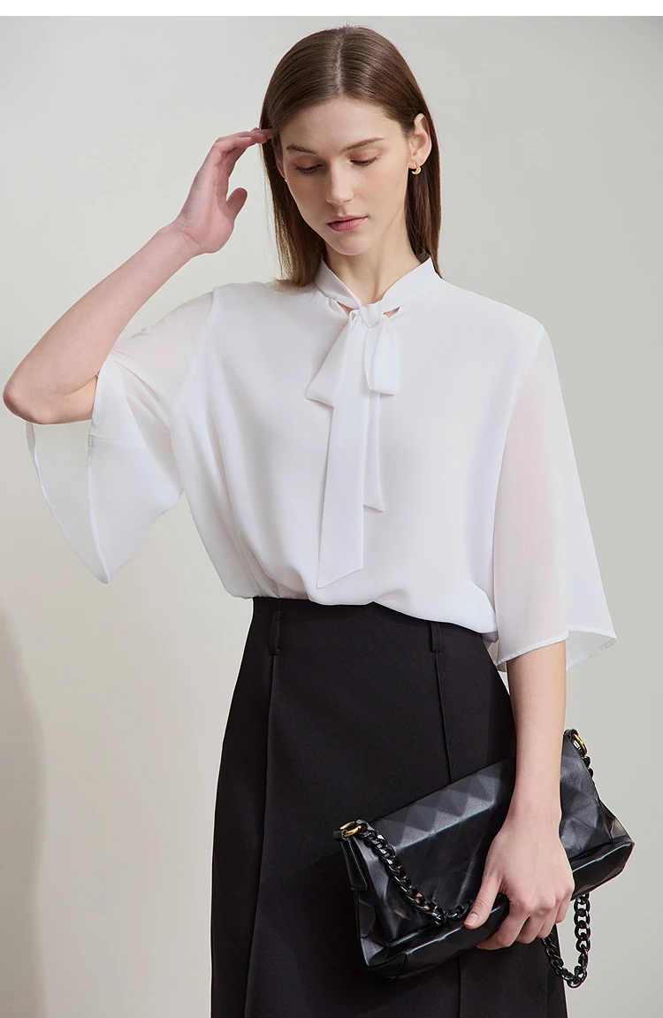 Amii Minimalism Stand-up Neck Chiffon Shirt for Women 2026 Summer Solid Straps Horn Sleeves Loose Elegant Commute Top 12522087