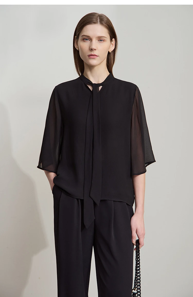 Amii Minimalism Stand-up Neck Chiffon Shirt for Women 2026 Summer Solid Straps Horn Sleeves Loose Elegant Commute Top 12522087