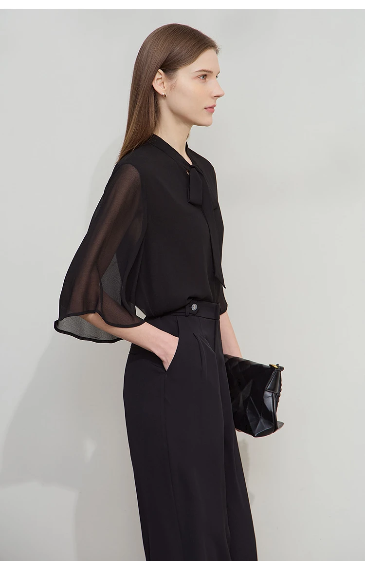 Amii Minimalism Stand-up Neck Chiffon Shirt for Women 2026 Summer Solid Straps Horn Sleeves Loose Elegant Commute Top 12522087