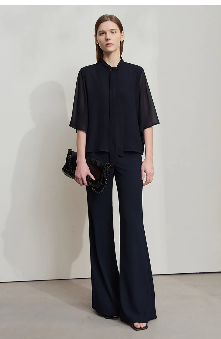 Amii Minimalism Stand-up Neck Chiffon Shirt for Women 2026 Summer Solid Straps Horn Sleeves Loose Elegant Commute Top 12522087