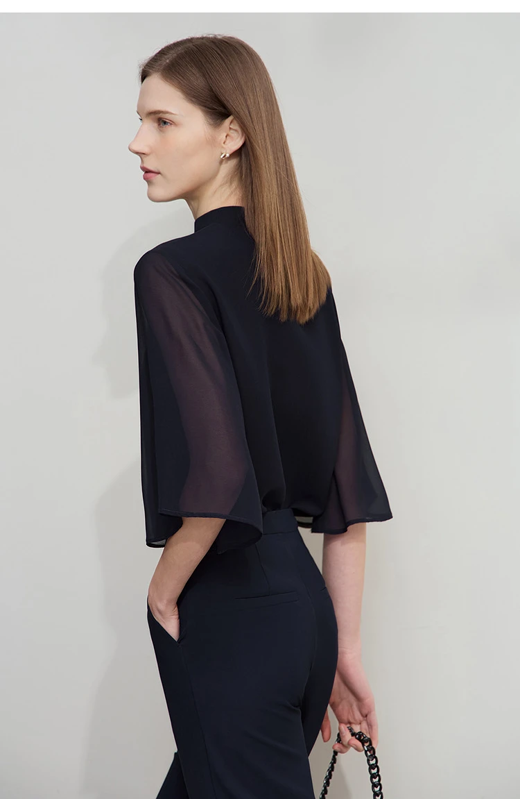 Amii Minimalism Stand-up Neck Chiffon Shirt for Women 2026 Summer Solid Straps Horn Sleeves Loose Elegant Commute Top 12522087