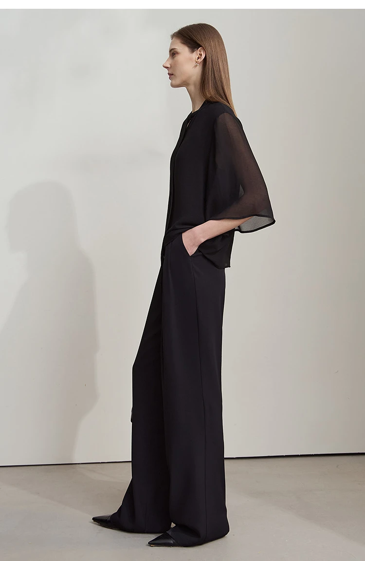Amii Minimalism Stand-up Neck Chiffon Shirt for Women 2026 Summer Solid Straps Horn Sleeves Loose Elegant Commute Top 12522087