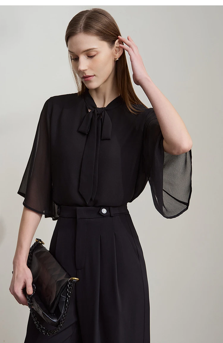 Amii Minimalism Stand-up Neck Chiffon Shirt for Women 2026 Summer Solid Straps Horn Sleeves Loose Elegant Commute Top 12522087