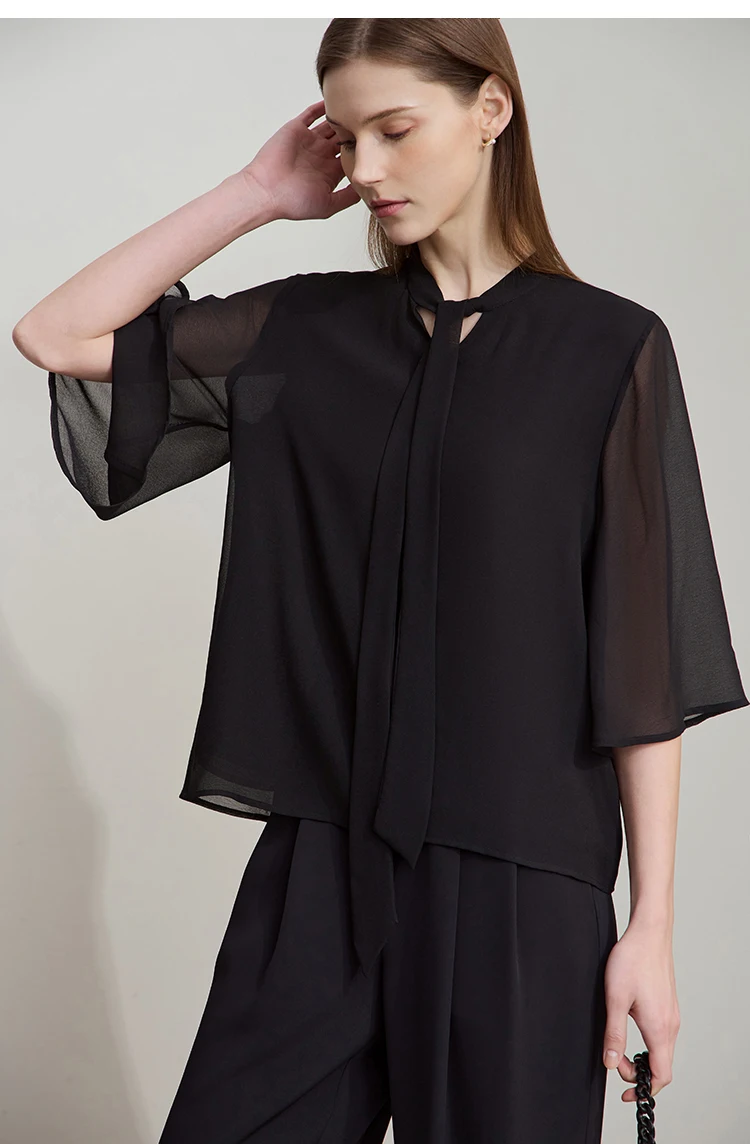 Amii Minimalism Stand-up Neck Chiffon Shirt for Women 2026 Summer Solid Straps Horn Sleeves Loose Elegant Commute Top 12522087