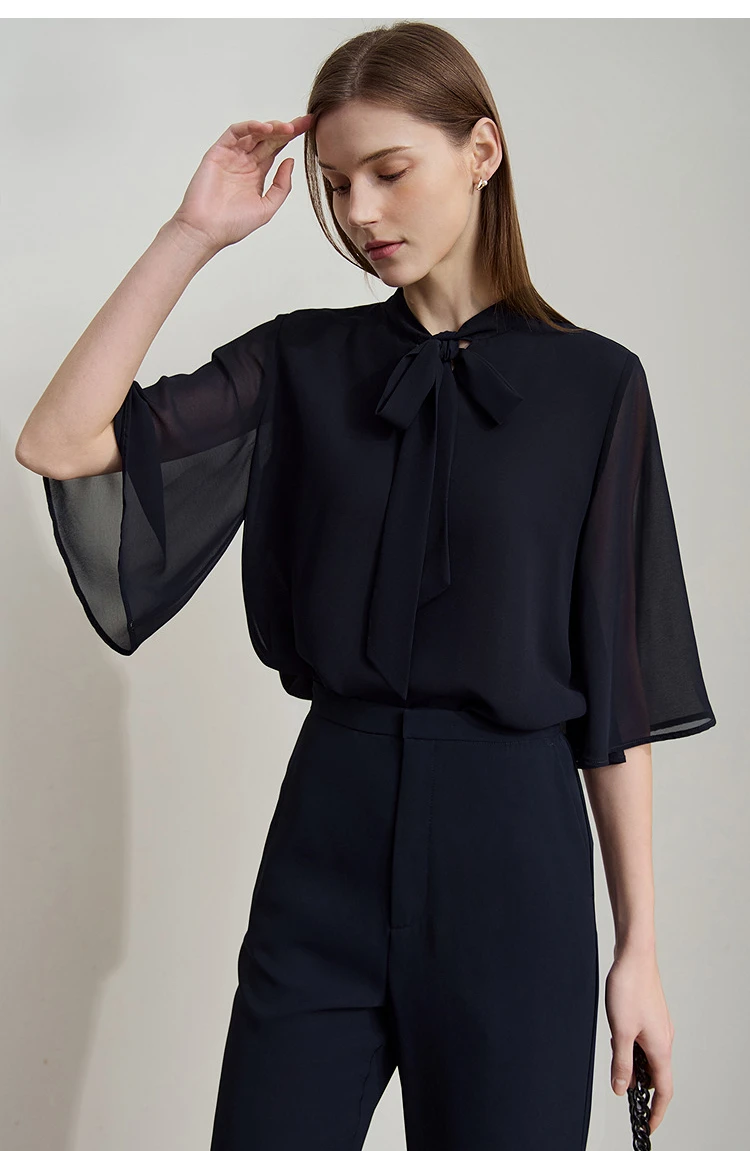 Amii Minimalism Stand-up Neck Chiffon Shirt for Women 2026 Summer Solid Straps Horn Sleeves Loose Elegant Commute Top 12522087