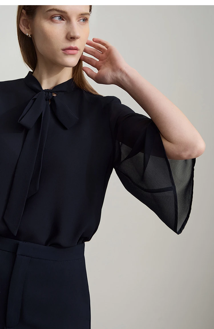Amii Minimalism Stand-up Neck Chiffon Shirt for Women 2026 Summer Solid Straps Horn Sleeves Loose Elegant Commute Top 12522087