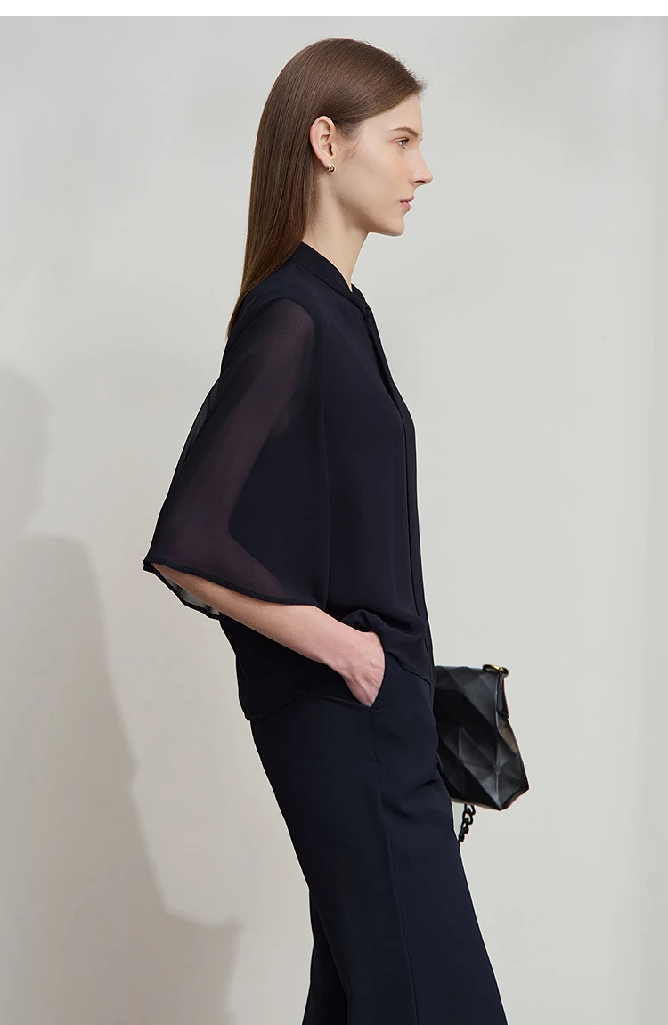 Amii Minimalism Stand-up Neck Chiffon Shirt for Women 2026 Summer Solid Straps Horn Sleeves Loose Elegant Commute Top 12522087
