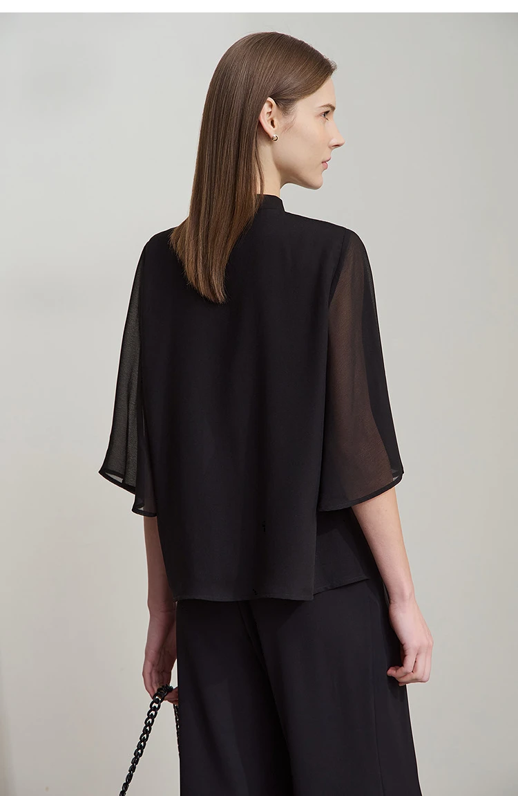 Amii Minimalism Stand-up Neck Chiffon Shirt for Women 2026 Summer Solid Straps Horn Sleeves Loose Elegant Commute Top 12522087
