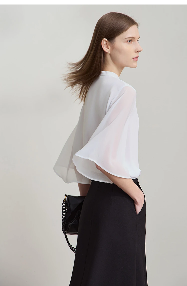 Amii Minimalism Stand-up Neck Chiffon Shirt for Women 2026 Summer Solid Straps Horn Sleeves Loose Elegant Commute Top 12522087