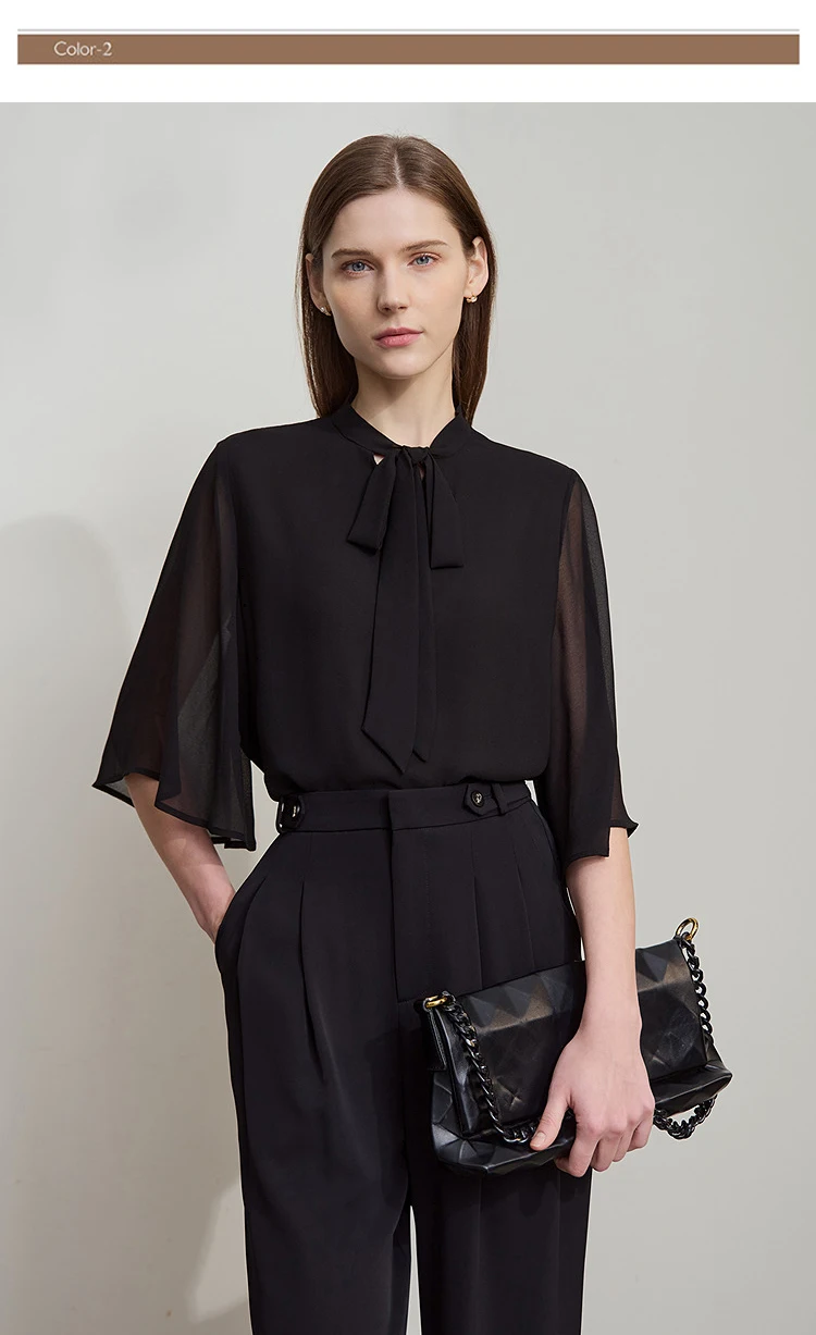 Amii Minimalism Stand-up Neck Chiffon Shirt for Women 2026 Summer Solid Straps Horn Sleeves Loose Elegant Commute Top 12522087