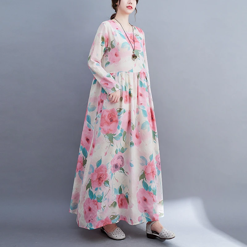 Long Sleeve O-Neck Floral Vintage Spring Autumn Blue Dresses For Women 2026 Casual Loose Elegant Office Lady Dress Femme Clothes