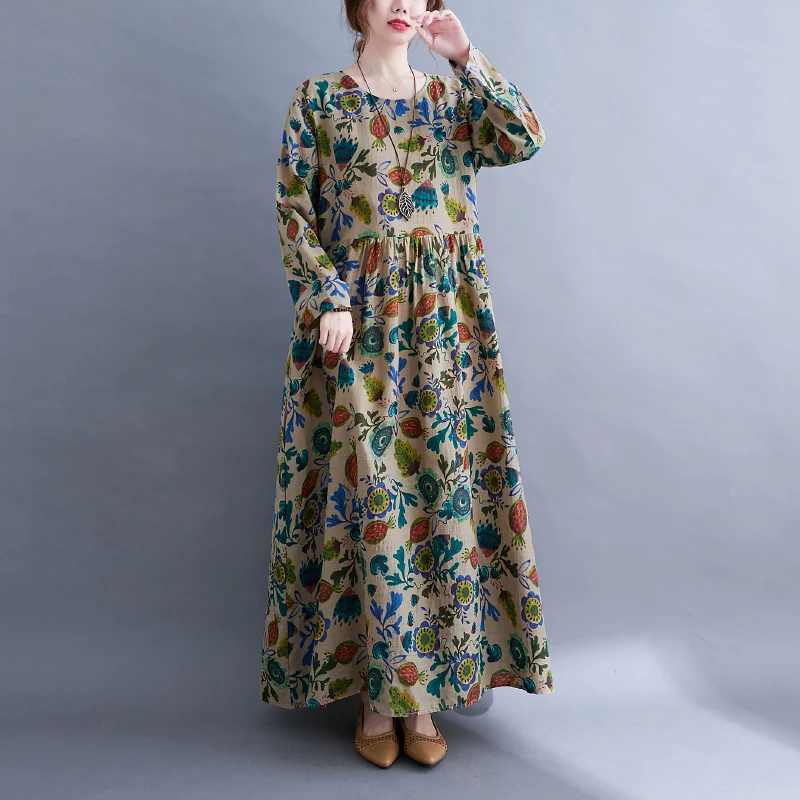 Long Sleeve O-Neck Floral Vintage Spring Autumn Blue Dresses For Women 2026 Casual Loose Elegant Office Lady Dress Femme Clothes