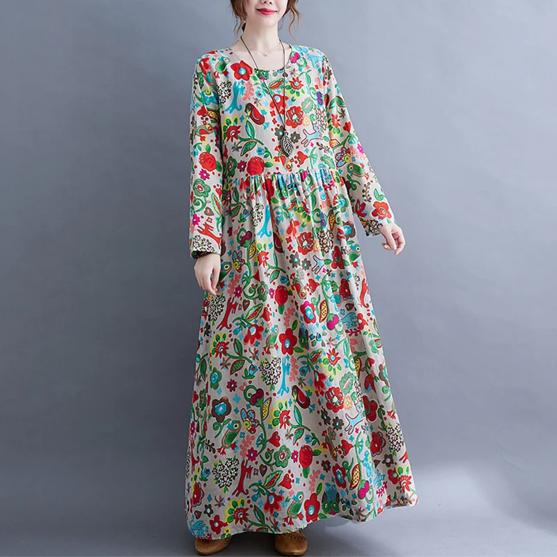 Long Sleeve O-Neck Floral Vintage Spring Autumn Blue Dresses For Women 2026 Casual Loose Elegant Office Lady Dress Femme Clothes