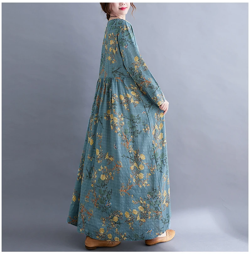 Long Sleeve O-Neck Floral Vintage Spring Autumn Blue Dresses For Women 2026 Casual Loose Elegant Office Lady Dress Femme Clothes