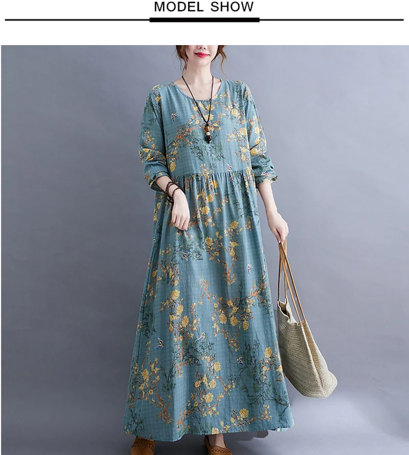 Long Sleeve O-Neck Floral Vintage Spring Autumn Blue Dresses For Women 2026 Casual Loose Elegant Office Lady Dress Femme Clothes